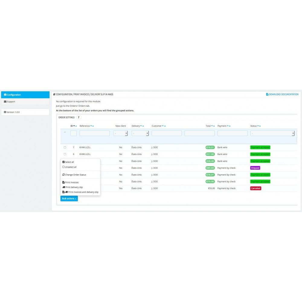 print invoice and delivery slip in mass prestashop addons